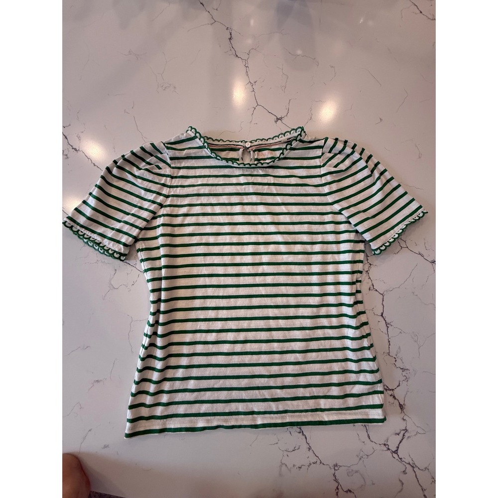 Boden Ali Trim T-Shirt US 4 Green Ivory Stripe Scallop Cotton Top